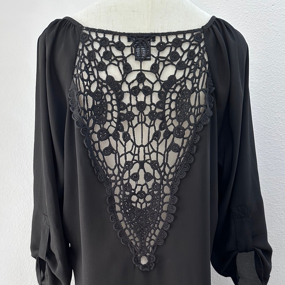 Stoosh Crochet Back Blouse Women XL Black 3/4 Sleeve Whimsigoth Boho Romantic